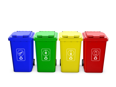 Colorful recycle bins isolated on white backgroundの写真素材