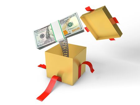 The stack of money jumps out of a gift box on a springの写真素材