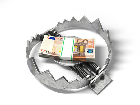 Stack of money in the bear metal trap. 3D concept.の写真素材