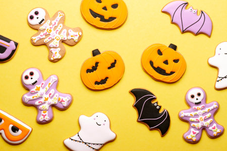 Homemade cookies cute skeletons, ghosts, bats and pumpkins for Halloween on yellow background.の写真素材