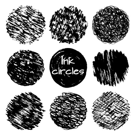 Hand drawn ink lines scribbles circles different textures vector set. Grunge shapes. Vector design elements collection.のイラスト素材
