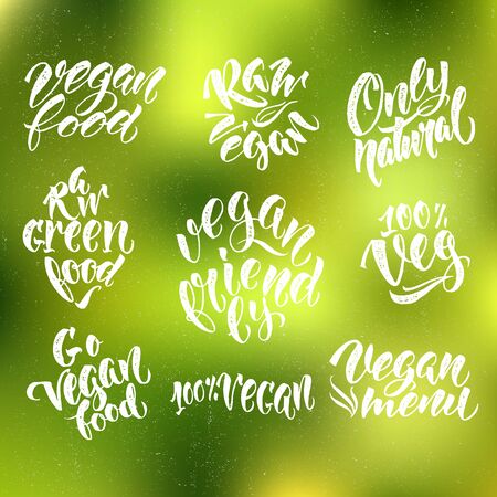 Organic vegan food logo labels and tags. Suitable for ads, signboards, packaging and identity and web designs. Vegetarian eco green concept. Vector hand drawn illustration.のイラスト素材