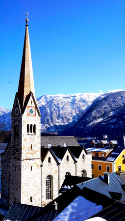 View of Bell tower of Hallstatt church, Hallstatt, Austriaの写真素材