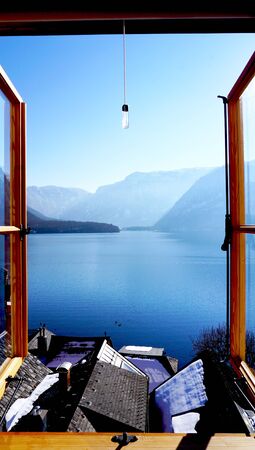 Hallstatt lake view from window, Austriaの写真素材