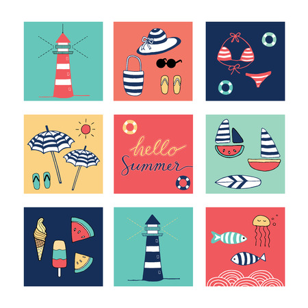 Hello Summer doodle colorful square iconsのイラスト素材