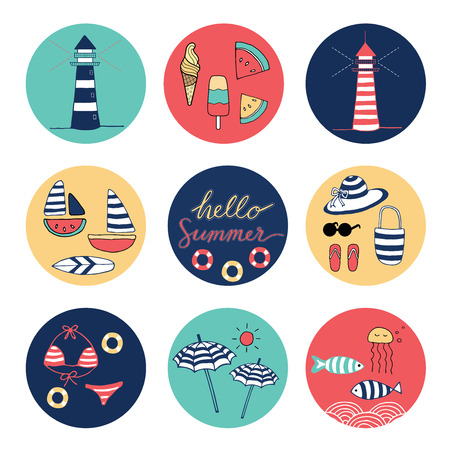 Hello Summer doodle colorful circle iconsのイラスト素材