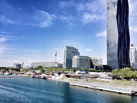Scenery of donau river and city in vienna Austriaの素材