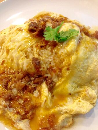 Fried pork with garlic, rice and omeletteの素材