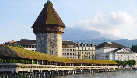 View of historical wooden Chapel Bridge in Lucerne Switzerlandの写真素材