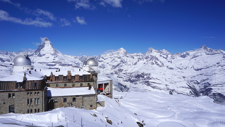 Gornergrat train station and Matterhorn peak in the background Zermatt Switzerlandのeditorial素材