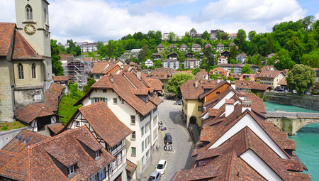 Scene of historical old town city and river on bridge in Bern Switzerlandの写真素材