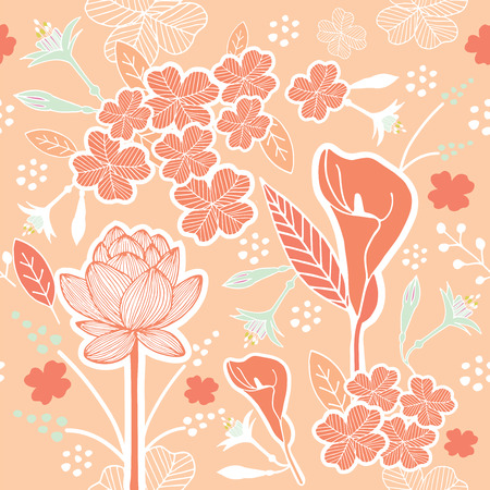 Flower or Floral and leaf pattern seamless fabric vector pastel color scheme on pastel peach backgroundのイラスト素材