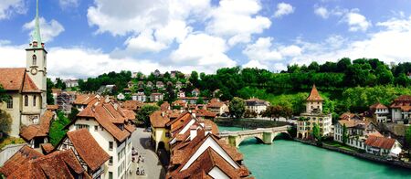 panorama of historical old town city and river on bridge in Bern Switzerlandの写真素材