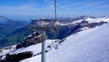 ski cable car structure at snow mountains Titlis Engelberg Switzerlandの写真素材