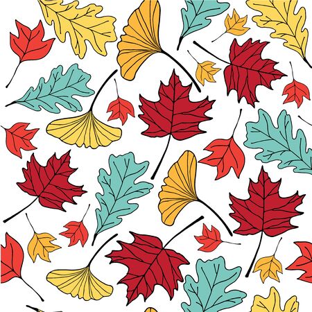 colorful autumn leaf hand drawn doodle illustration pattern seemless white backgroundのイラスト素材