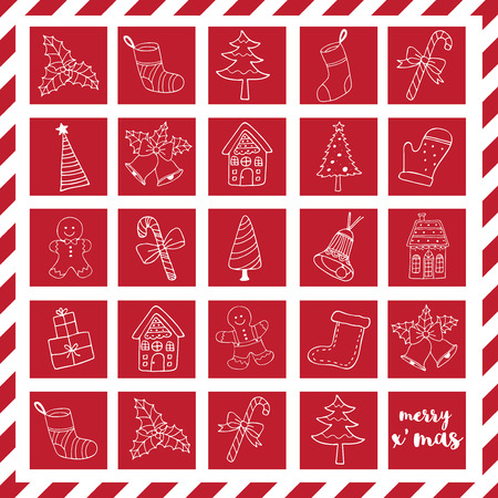Merry Christmas doodle icons elements in red color boxのイラスト素材