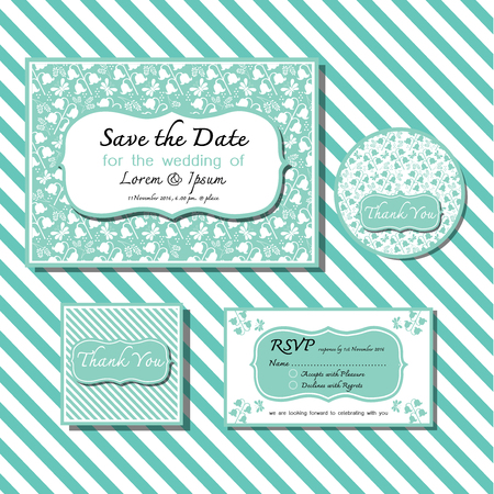 Save the date pastel green card wedding invitation set design with flower patternのイラスト素材