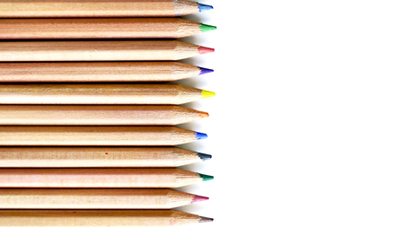 Wooden Color pencils arrangement top view stationery office supply business isolatedの写真素材