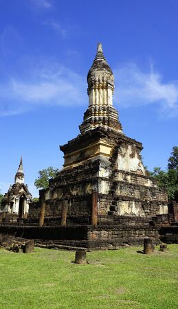closeup Pagoda Wat chedi seven rows temple in Sukhothai Thailandの写真素材