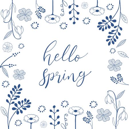 Hello Spring hand drawn sketched Lettering spring season with hand drawn variation flower pattern in blue color on white background for greeting card, invitation template vectorのイラスト素材