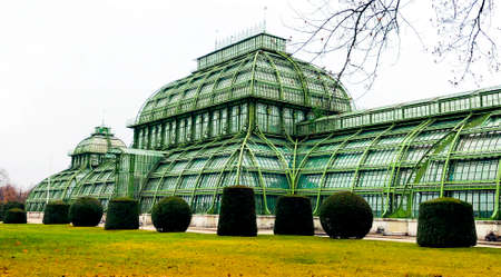 Panorama landscape of botanical palm house architecture and grass field outdoors in Vienna, Austriaのeditorial素材