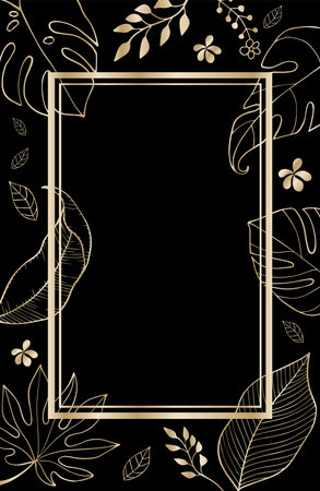 Minimalist leaf botanical hand drawn drawing illustration with golden frame on black background, empty space card floral decorative border. Elegant card illustration graphic set banner.のイラスト素材