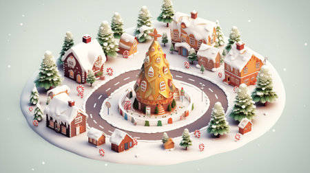 Christmas tree in the center and house village city circle, snow winter season holiday in December 3D isometric illustration, gift, ginger bread, candy Generative AIの素材