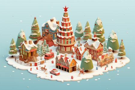 Christmas tree in the center and colorful house village city on floating ice in winter season holiday in December 3D isometric illustration, gift, ginger bread, candy, snow, sky blue background Generative AIの素材