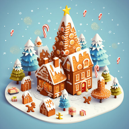 Christmas tree around house village with Christmas elements snowing winter season holiday 3D isometric illustration, gift, ginger bread in December Generative AI  - Squareの素材