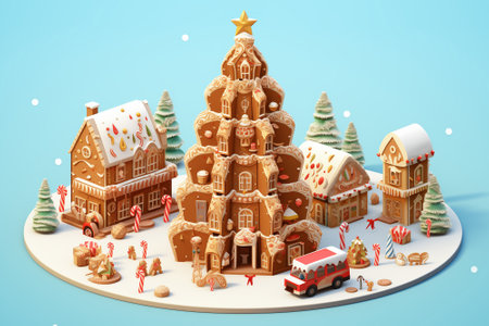 Christmas tree in the center and gingerbread house village city snow winter season holiday in December 3D isometric illustration, gift, ginger bread, candy on circle white background Generative AIの素材