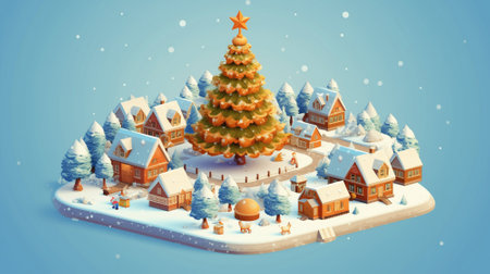 Christmas tree in the center and house village city snow winter season holiday in December 3D isometric illustration, gift, ginger bread, candy, blue sky background Generative AIの素材