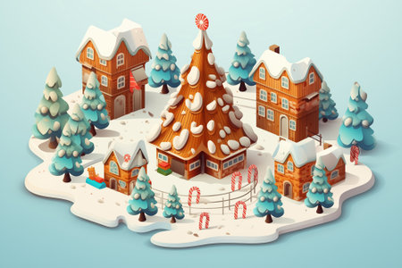 Christmas tree in the center and colorful house village city on snow floating island in winter season holiday in December 3D isometric illustration, gift, ginger bread, candy, sky blue background Generative AIの素材