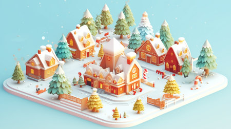 Christmas tree and house village city snow winter season holiday in December 3D isometric illustration, gift, ginger bread, candy Generative AIの素材