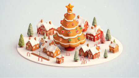 Christmas tree in the center and house village city snow winter season holiday in December 3D isometric illustration, gift, ginger bread, candy Generative AIの素材