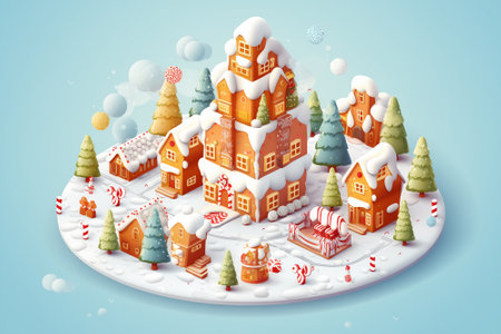 Christmas tree in the center and gingerbread house village city snow winter season holiday in December 3D isometric illustration, gift, ginger bread, candy Generative AIの素材