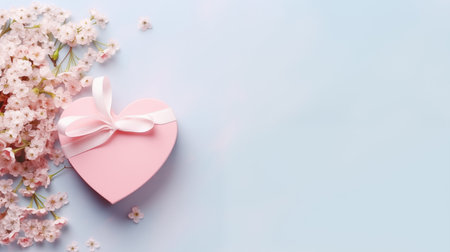 Happy Valentineâs day Pink Heart giftbox with blossom  flower, top view, copyspace, daytime, pastel blue background Generative AIの素材