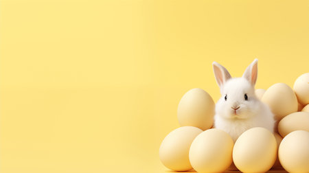 Happy easter Cute bunny sitting with easter eggs dot pattern pastel yellow background with copyspace Generative AIの素材