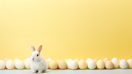 Happy easter Cute bunny sitting with colorful easter eggs dot pattern pastel yellow background with copyspace Generative AIの素材