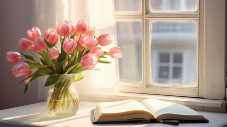 Happy Easter. Bouquet of pink tulip in the clear glass vase with opened book near window Generative AIの素材