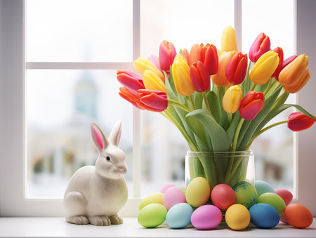 Happy Easter. Bouquet of tulip in the clear glass vase with colorful easter eggs and sculptured rabbit near window Generative AIの素材