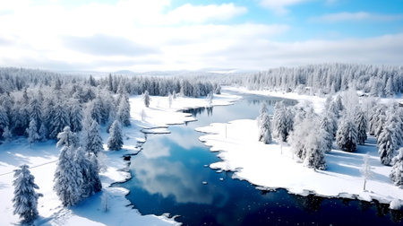 Scenic of fjord, lake and snow mountains top view, Bird eye view, In Scandinavia Winter Season, North pole, Northern Europe, Landscape Generative AIの素材