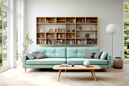 Modern living room interior design scandinavian style, aqua green sofa, rectangular coffee table, lamp and bookshelf with books with piece of carpet Herringbone Wood Generative AIの素材