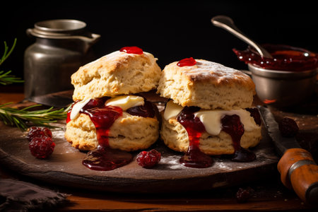 Closeup traditional british scones with raspberries and raspberry jam ready to serve for afternoon tea menu Bakery food on a wooden table Generative AIの素材