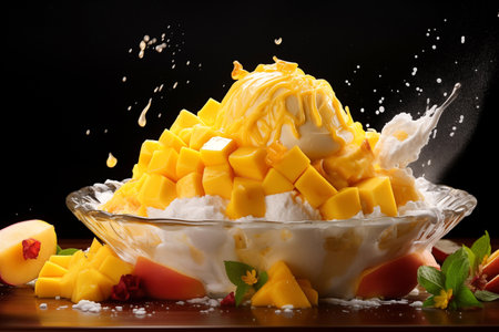 Fresh Mango Bingsu ice cream with sweet toppings korean shaved ice dessert with black background Advertisement menu Generative AIの素材