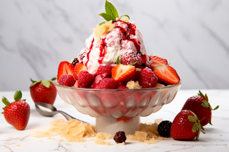 Fresh strawberry Bingsu ice cream with sweet toppings whipped cream and raspberry korean shaved ice dessert with white marble background Generative AIの素材