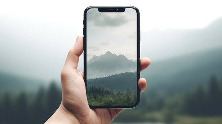 Man hand holding the black smartphone with blank screen and modern frameless isolated on blurred nature mountain background Generative AIの素材