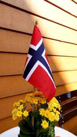 Bright yellow Forsythia flowers in the vase with Norway flag on the table decoration yellow linear wooden wall texture background, Norway's Constitution Dayの写真素材