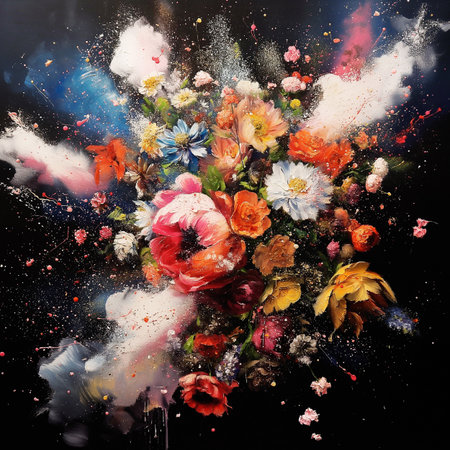 Mixed Flowers explosion from the center on black background. Flowers composition Creative art layout Square Generated AIの素材