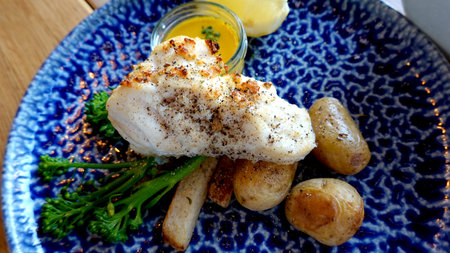 Grilled Cod fish with fresh asparagus and potato cuisine gourmet menu