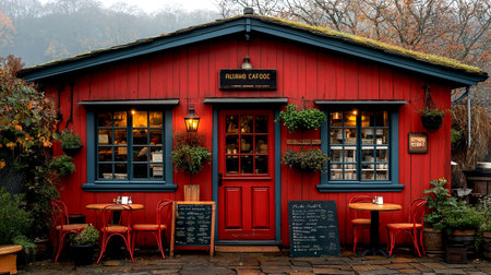Exterior facade of stand alone cafe shop fisherman house style in countryside red color scheme wood wall in the garden and forest Front elevation AI-Generatedの素材